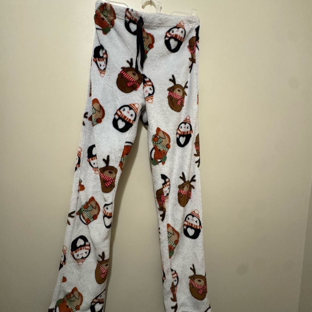 Women’s Festive Pajama Pants - White with Reindeer and Santa Print